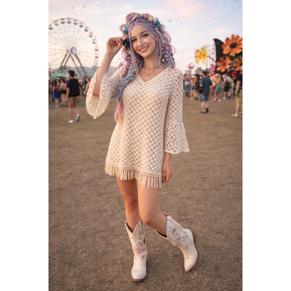 Boho Cream Floral Embroidered Lace Mini Dress Bell Sleeve Tassel Fringe Cover Up